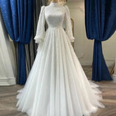 Luxury Long Sleeves Muslim Wedding Dresses Lace Beaded Dubai Arabic Bridal Gowns For Women Bride Robe De Mariée WHITE