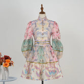 Fall Shot Spot Customized New Product Vintage Court Style Small Stand Collar Bubble Sleeve Waist-Tight Dress