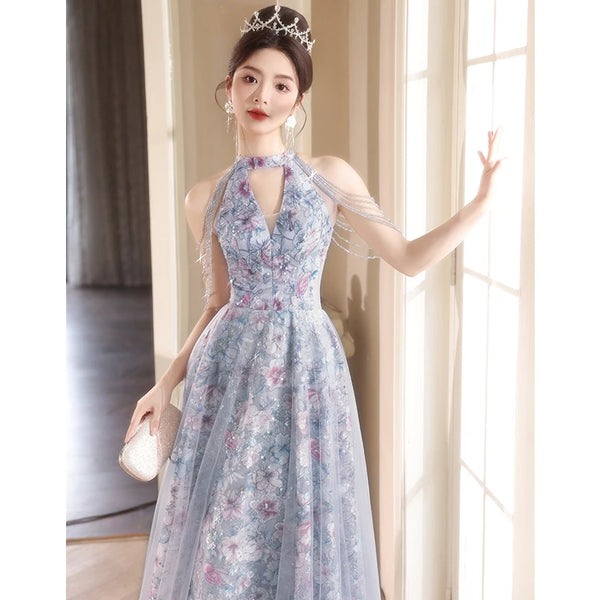 Luxury Lace Prom Dresses For Formal Event Sexy Halter Sleeveless A-Line Floor-Length Women Long Evening Gowns With Beads