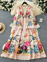 Elegant Floral Long Maxi Dresses Shirt Women Lantern Full Sleeve National Trench Print Single Breasted Lace Neck Party Vestidos