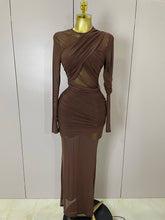 2025 Women Elegant Brown Mesh Fold Long Sleeve Bodycon Dress Evening Party Club Sexy Perspective Fashion Luxury Birthday Dresses