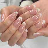 White French False Nails Nude Color Sweet Press on Nails Almond Full Cover Fake Nails Finished Fingernails Art for Bride Wedding