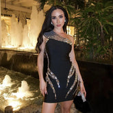 High Quality Women Sexy One Shoulder Sparkly Crystal Bodycon Mini Bandage Dress Fashion Celebrate Nightclub Party Outfit