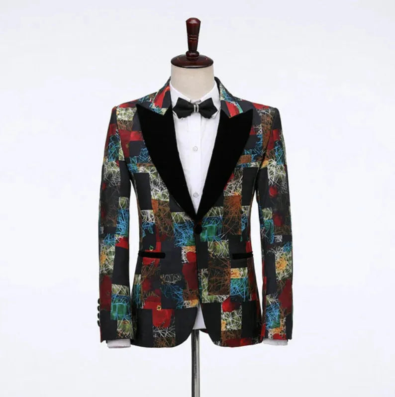 Men Slim Fit Suit Jacket Tuxedo Formal Blazer Floral Jacquard Velvet Peaked Lapel Costume Wedding Party Prom mens blazers as picture
