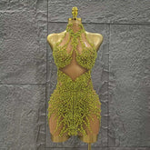 Shinning Crystal Women Sexy Sleeveless Mesh See Thorugh Bodycon Mini Dress Nightclub Party Bar Singer Performance Stage Wear