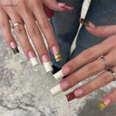 24Pcs White French False Nails New Year Plaid Pattern Medium-length Coffin Press On Nails Women Girls DIY Charm Manicure