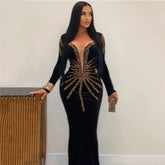 High Quality Women Long Sleeve Shinning Gloden Rhinestones Bodycon Long Bandage Dress Nightclub Party Celebrate Outfit