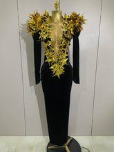 2025 New Shiny Gold Star Rhinestone Velvet Long Dress Women Evening Birthday Party Club Gala Hosts NightClub Bar Stage Costumes
