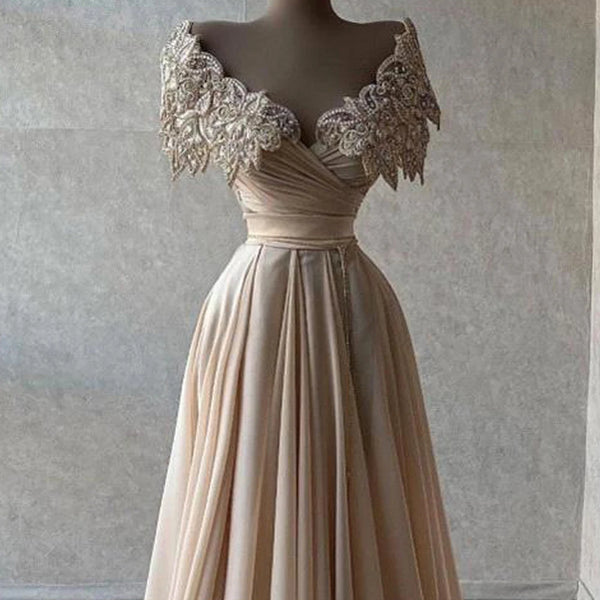 Long Luxury Evening Dresses Off The Shoulder Sparkly Beaded Crystal Champagne Chiffon Dubai Women Formal Prom Party Gowns