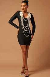 Black Color Women Long Sleeve Pearl Beading Bodycon Mini Bandage Dress Nightclub Party Celebrate Birthday Vacation Outfit