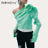 TWOTWINSTYLE Patchwork Appliques Asymmetrical Blouse For Women Diagonal Collar Long Sleeve Solid Pullover Shirts Female Fashion