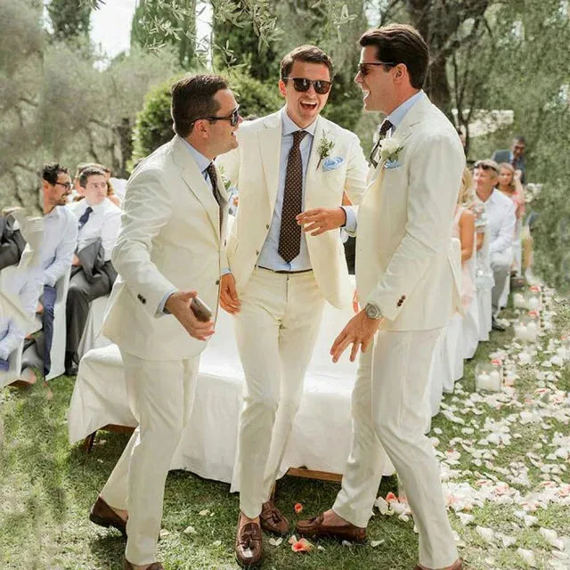 Linen Wedding Suits for Men Slim Fit Groomsmen Tuxedos 2 Pcs Notched Lapel Male Fashion Blazer ( Jacket+Pants ) 2024