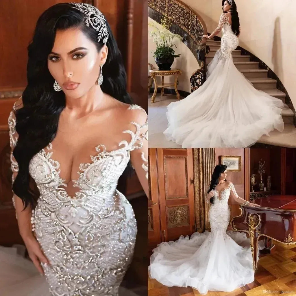 Luxury Arabic Mermaid Wedding Dresses Dubai Sparkly Crystals Long Sleeves Bridal Gowns Court Train Tulle Skirt свадебное платье WHITE CHINA