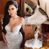 Luxury Arabic Mermaid Wedding Dresses Dubai Sparkly Crystals Long Sleeves Bridal Gowns Court Train Tulle Skirt свадебное платье WHITE CHINA