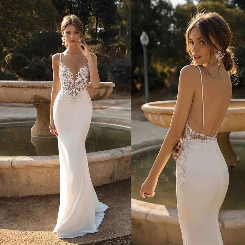 Spaghetti Straps Appliques Mermaid Wedding Dresse For Women Lace Beach Charming Bride Gowns Robe De Mariée Customize