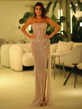 Women Celebrity Sexy Strapless Sequins Gold Crystal Split Maxi Long Gowns Dress 2024 Elegant Evening Party Club Vestido