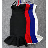 Women Sexy Long Style Fashion Bandage Dress Rayon Backless V Camisole Slim Bodycon Fashion Ruffle Edge Celebrity Party Dress