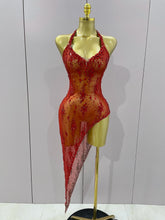 2025 New Sparkly Rhinestone V Neck Stretch Mesh Sexy See Through Dress Women Elegant Party Celebrate Perform Costume Stage Outfi