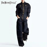 TWOTWINSTYLE Cowboy Spliced Irregular Button Two Piece Sets for Women Lapel Long Sleeves Top High Waist Pant Set Female Fashion