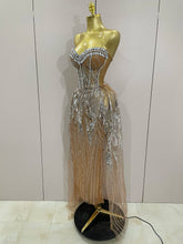 2025 Sparkly Rhinestone Sequins Sexy Strapless See-Through Long Dress Women Evening Birthday Party Dress Nightclub Stage Costume