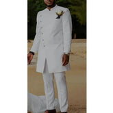 Tunic White Formal Men Suits with Stand Collar 2 Piece Long Jacket Pants Wedding Tuxedo for Grooms Male Fashion Costumes 2022