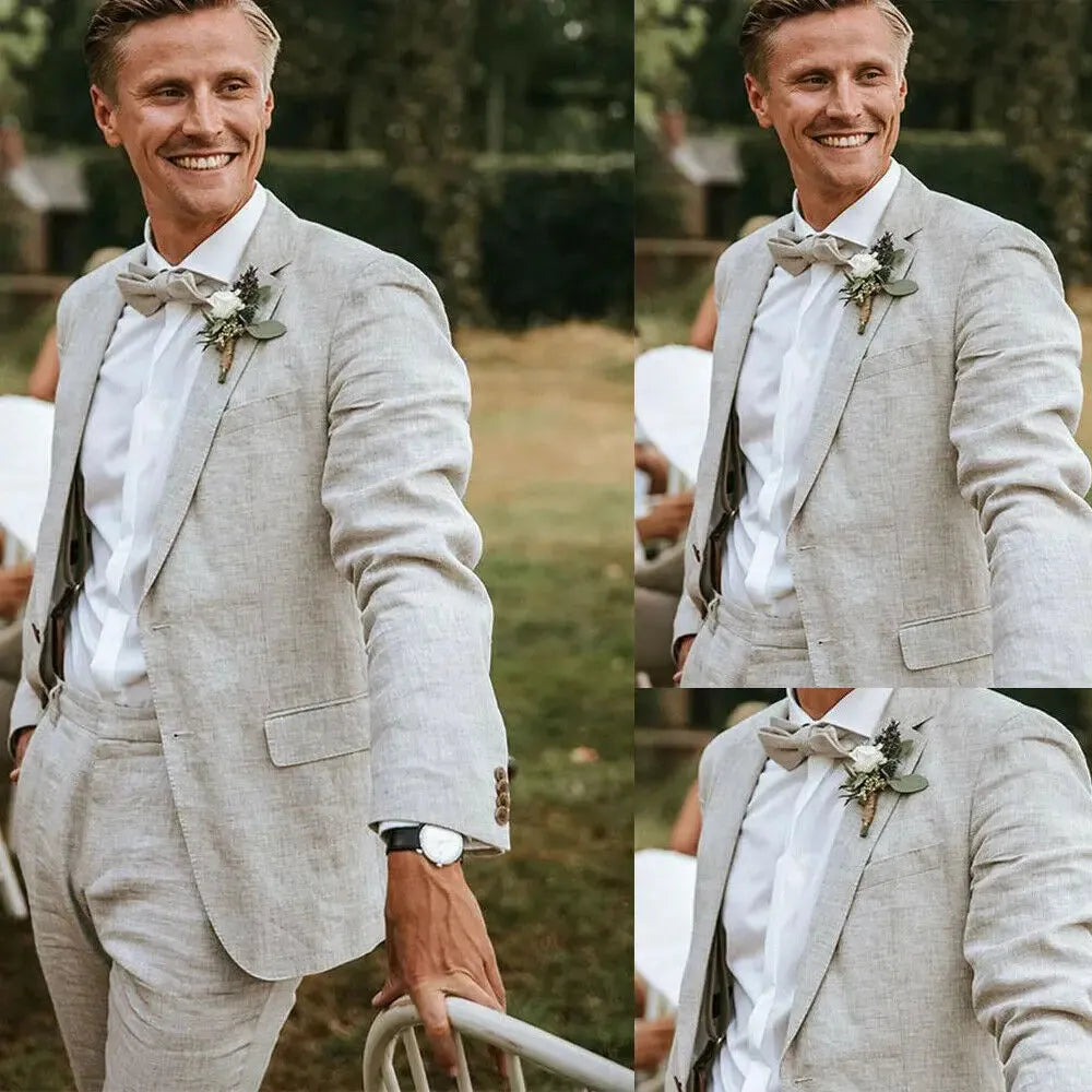 Linen Beach Men's Suits for Wedding Summer Groom Wear Notched Lapel Tuxedos 2 Pieces Male Fashion Blazer (Jacket+Pants)