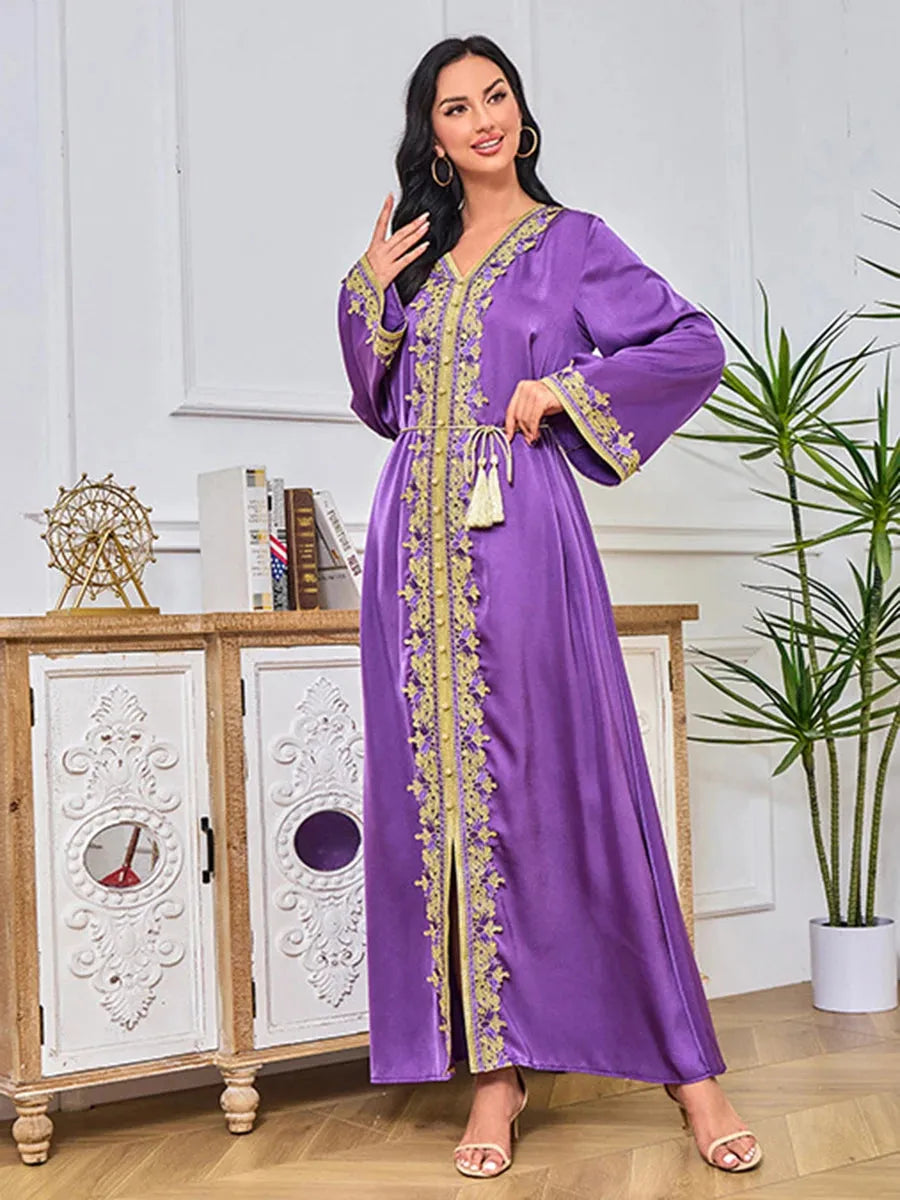 Abayah For Women 2023 Dubai Chic Solid Full Sleeve V-Neck Belted Clothing Elegant Casual Moroccan Long Dress Purple Dress