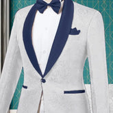 New Arrival Mixed Color Men Jacquard Suits Ivory White Black Burgundy with Shiny Lapel Groomsmen Wedding Tuxedo ivory navy