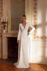 Morden Lace Beading Satin Full Sleeve Wedding Long Dresses For Woman Shiny Tassel Side Splt Button Open Back Vestidos De Novia Ivory