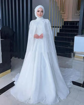 Elegant Muslim Wedding Dresses with Cape High Neck Long Sleeves Sweep Train Chiffon Appliques Beading Hijab Bride Bridal Gowns