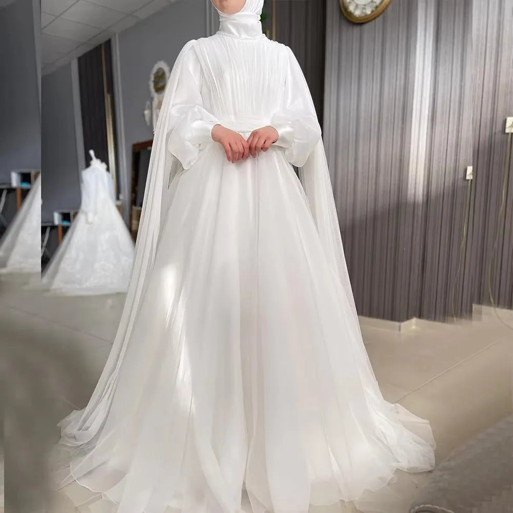 Muslim Long Sleeve Wedding Gown with Cape Hijab Islamic Bridal Dress Chiffon Pleated High Neck Vestido De Novia
