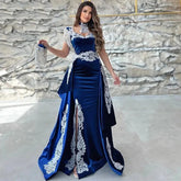 Moroccan Caftan Evening Dress Appliques Lace Cap Sleeve Royal Blue Mermaid Slit Velvet Arabic Prom Gowns Party Dress 2023