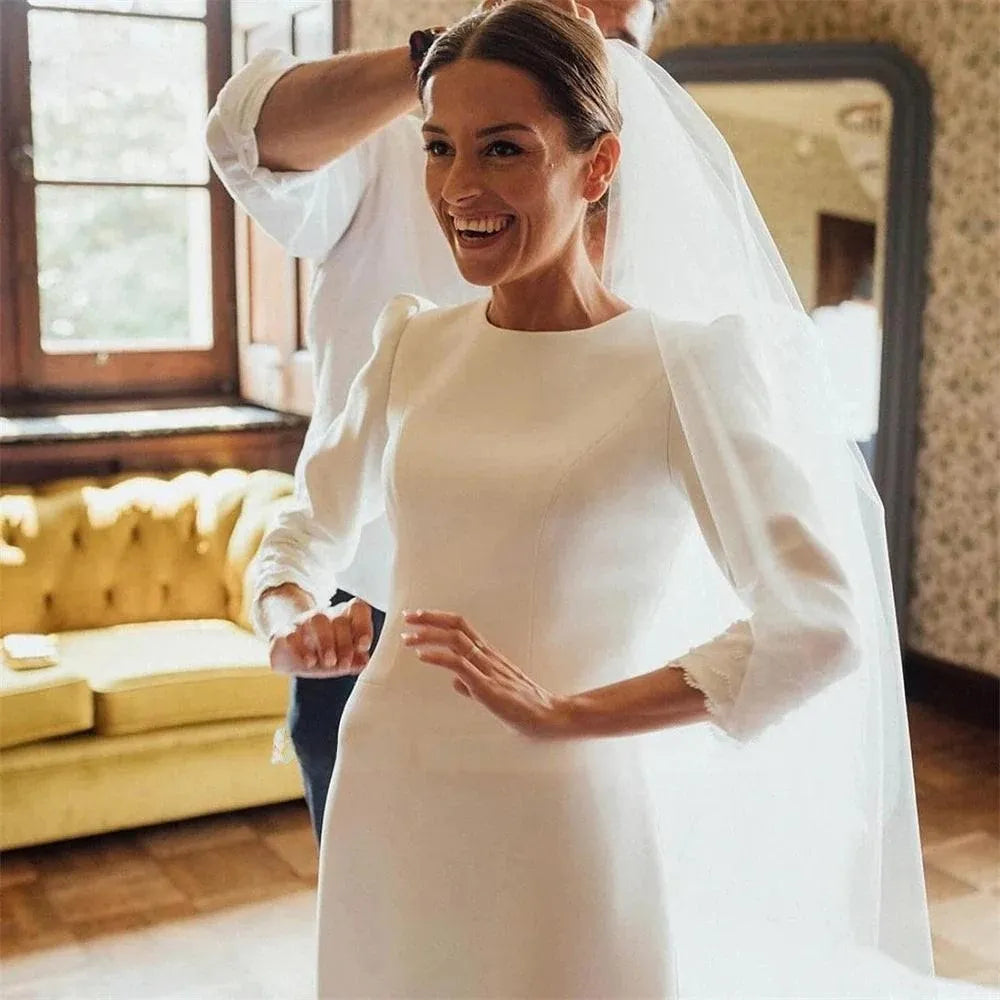 BEACH Simple Long Sleeves O Neck Mermaid Wedding Bridal Gowns Sexy Backless Sweep Train Bride Dress Boho vestidos largos