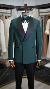 Men Suit Peacock Green Blazer with Buckle Fashion Designed Wedding Groom Tuxedos 2 Pieces Suit Shawl Lapel Jacket Pants set