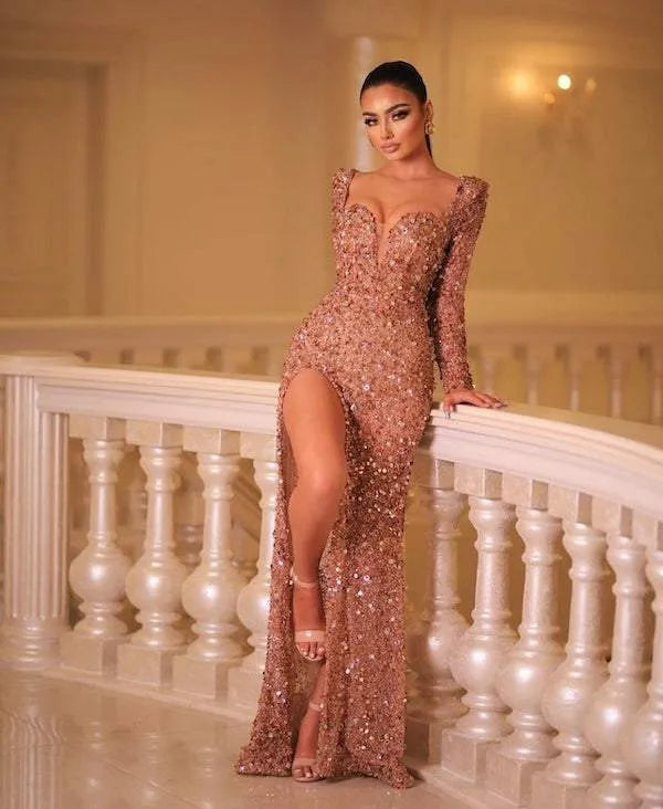Sparkling Crystal beaded Luxury Mermaid Evening dress Sexy sweetheart side slit with floor length elegant ball party dress