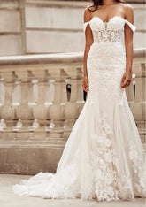 Charming Mermaid Wedding Dress Lace Appliques Off the Shoulder Sweetheart Buttons Court Train Vestidos De Novia