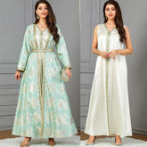 Muslim Arab Autumn Winter Fashion Long Sleeve V-Neck Jacquard Belted Set Moroccan African Gulf Women Kaftan Ramadan Eid