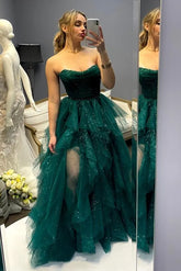 Lucy Graduation Gown Green Ball Shiny Mesh Layered Slit Luxurious Turkish Evening Gowns Gala Dress Women Elegant Party Prom