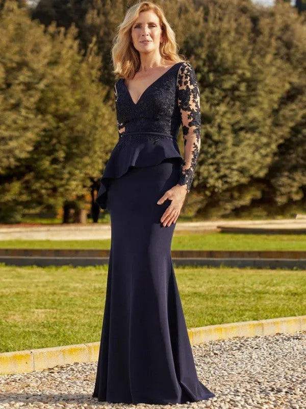 Elegant Mermaid Mother of the Bride Dress Dark Navy Lace Dresses V Neckline Wedding Guest Gowns Long Sleeves On Sale