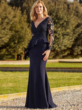 Elegant Mermaid Mother of the Bride Dress Dark Navy Lace Dresses V Neckline Wedding Guest Gowns Long Sleeves On Sale