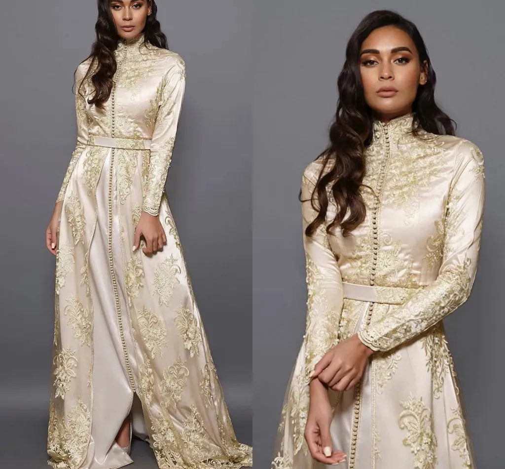 Champagne Moroccan Caftan Evening Gowns A-Line Long Sleeve Lace Special Occasion Dresses Dubai Formal Prom Dress Plus Size