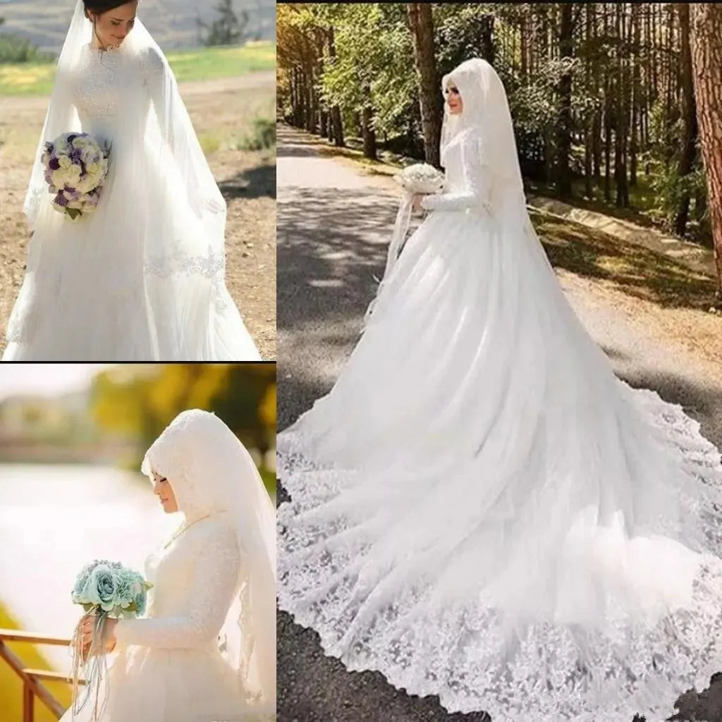 Vinca sunny Muslim Wedding Dresses Long Sleeve De Noiva Robe De Mariage Arabic Luxury Long Trail Lace Bridal Dress Wedding Gown