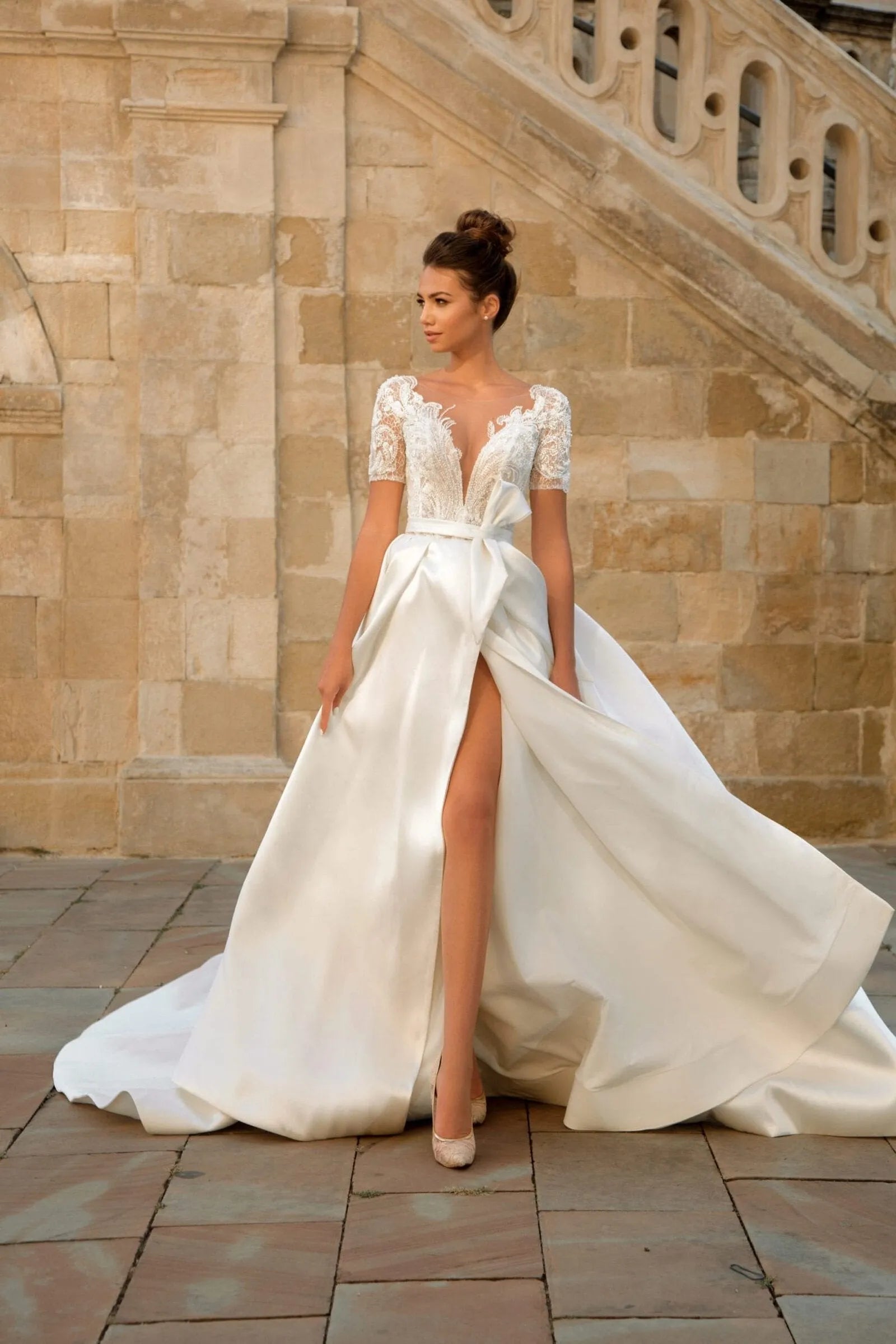 Boho Gorgeous V Neck Applique Wedding Dresses Woman's A Line Sexy Side Slit Bride Gowns Formal Elegant Beach Party Vestidos 14W