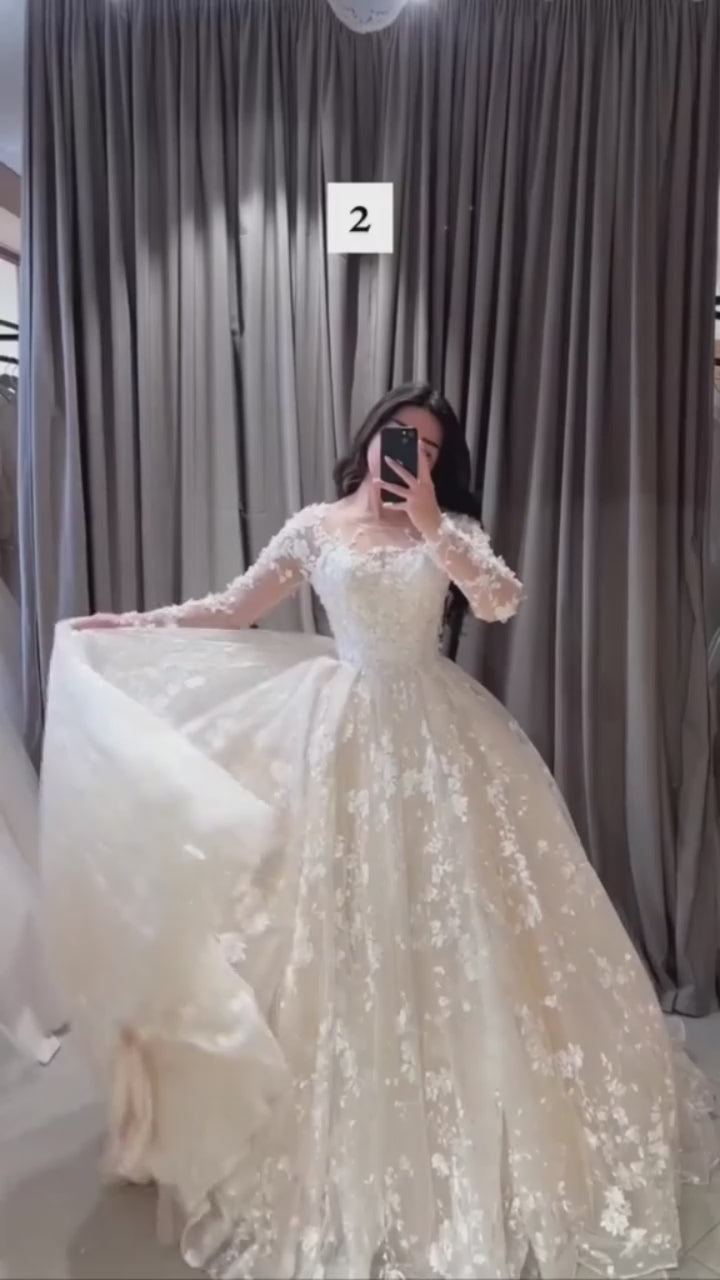 3D Lace Wedding Dresses 3D Lace Long Sleeve Appliques Bride Dress Vintage Appliques Wedding Gowns