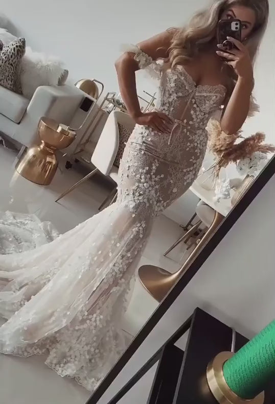 3D Lace Mermaid Wedding Dress Corset Sweetheart Neck Bride Dresses Off the Shoulder Applique Bridal Gowns