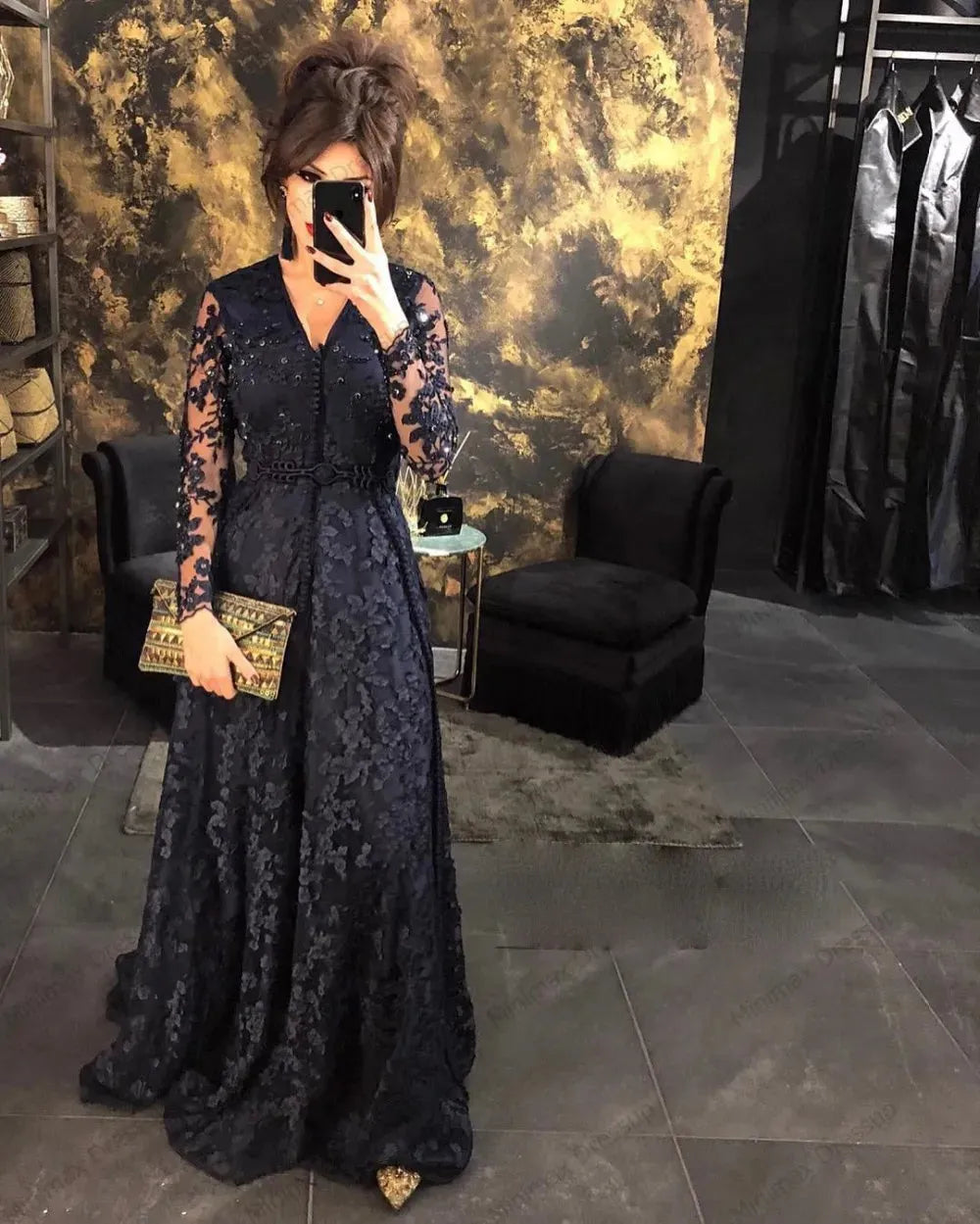 Black Lace Moroccan Kaftan Evening Dresses V-Neck Arabic Muslim Special Occasion Dresses Long Sleeves Formal Prom Dress