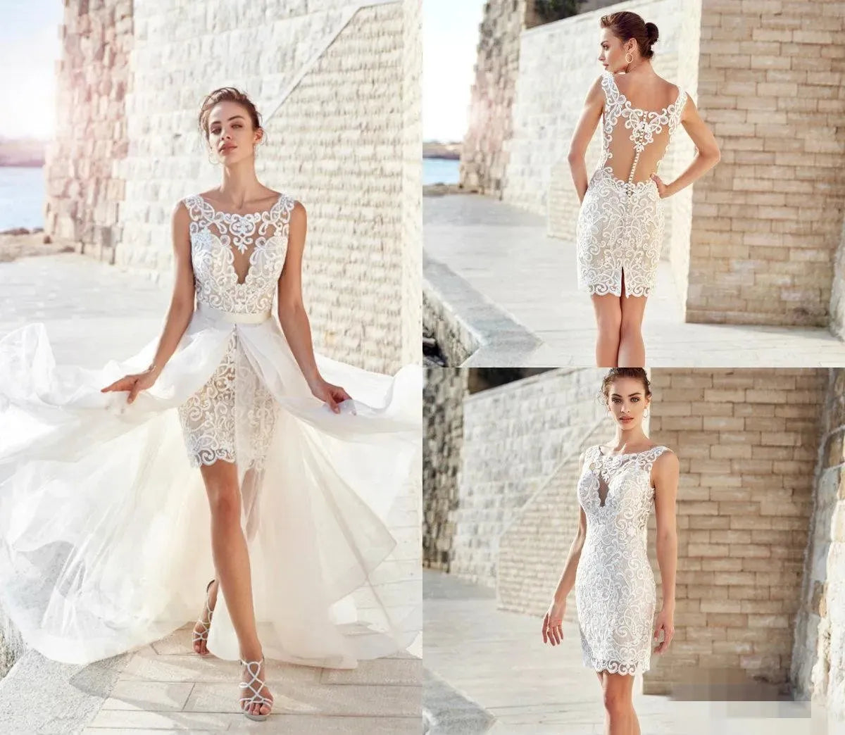 Sexy Bohemian Short Mermaid Wedding Dresses With Detachable Skirt Appliques Beach robes Wedding Dress Bridal Gowns Vestidos Gray