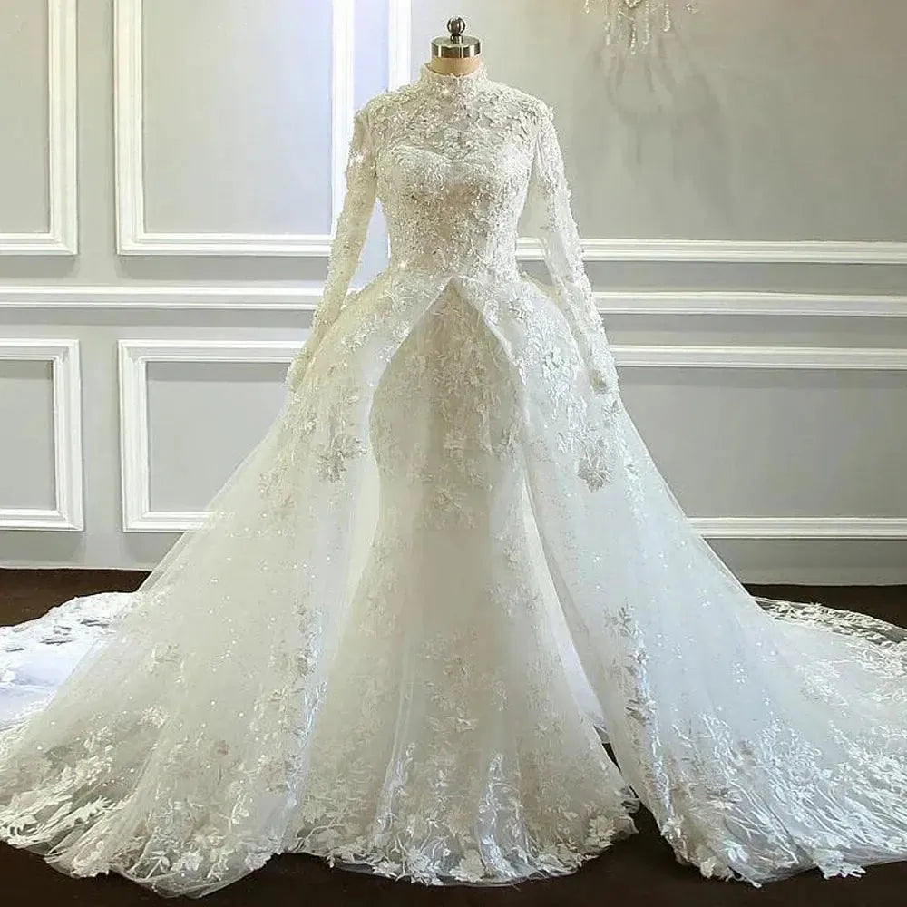 Fairytale Mermaid Bridal Dress For Women High-Neck Lace Appliques Glitter Tulle Vestido De Casamento Custom Made