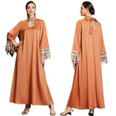 Gradient Tassel Abaya Dress Women Chic Hand Sew Rhinestone Hollow out Stand Collar Long Sleeve Arab Dubai Party Robe