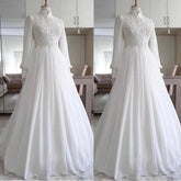 White Long Sleeves Muslim Wedding Dresses for Bride Real Photo Lace Chiffon A-Line Vestidos De Novia Maldives Bridal Gowns